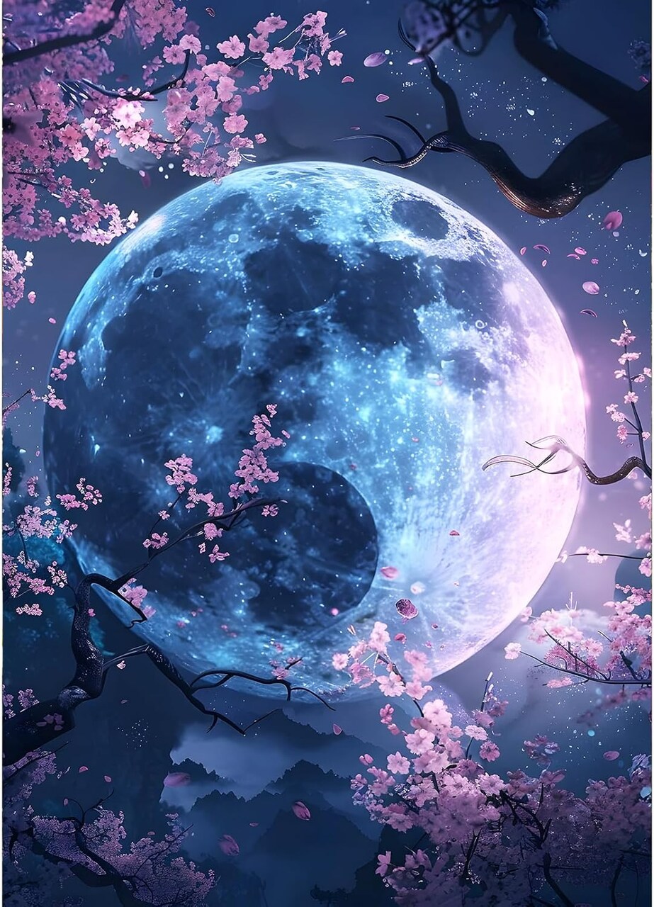 DIY 5D Bright Moon Diamond Painting Kit – Full Drill Moonlit Night Art with Trees & Flowers, Beginner-Friendly Gem Art for Home Wall Decor, 12×16 inch